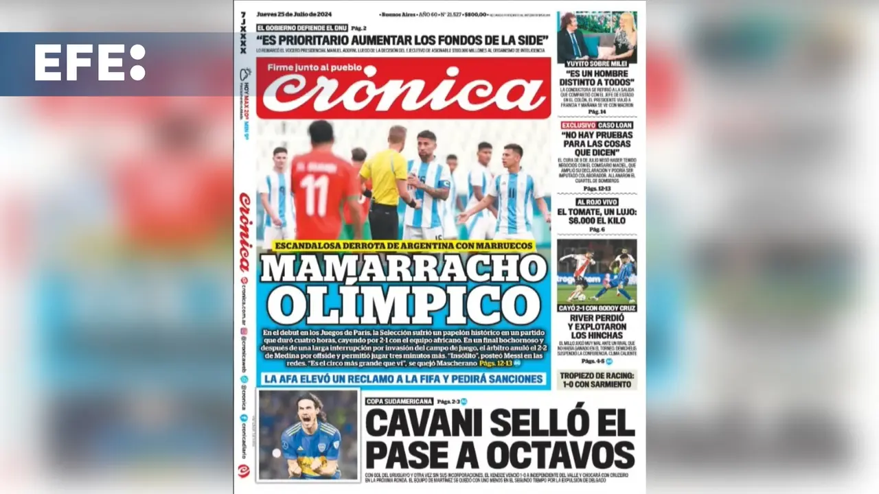 La indignaci&oacute;n por el ca&oacute;tico final del partido que la selecci&oacute;n sub-23 argentina de f&uacute;tbol perdi&oacute; ante Marruecos en su debut en Par&iacute;s 2024 cop&oacute; este jueves las portadas de los principales peri&oacute;dicos del pa&iacute;s, que se refirieron al episodio como un "esc&aacute;ndalo ol&iacute;mpico", un "bochorno" y un "mamarracho". T:01.17