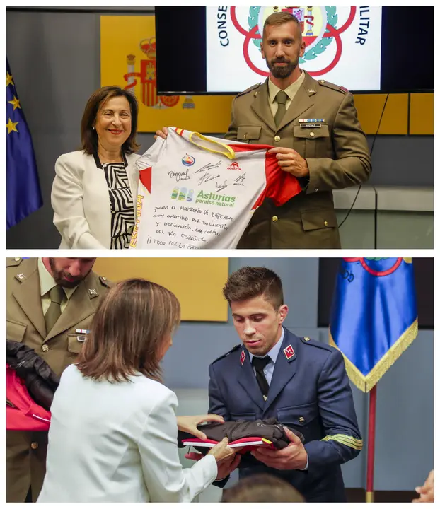 Combo de fotograf&iacute;as del pasado 19 de junio, Margarita Robles, Ministra de Defensa, recibi&oacute; a Fran Garrig&oacute;s (abajo) y a Carlos Ar&eacute;valo (arriba), en plena fase final de entrenamientos, y les dese&oacute; suerte justo antes de los Juegos Ol&iacute;mpicos. EFE/Ministerio de Defensa