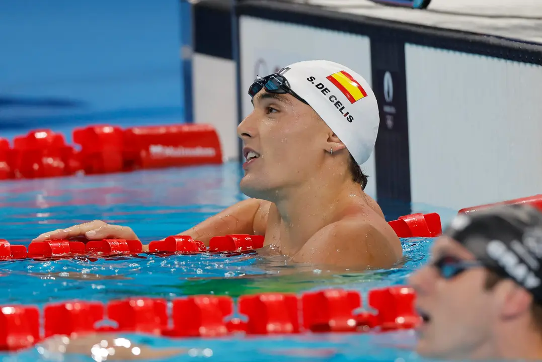 El nadador espa&ntilde;ol Sergio de Celis tras competir en su serie de los 100m estilo libre masculinos de los Juegos Ol&iacute;mpicos de Par&iacute;s 2024 en Nanterre. EFE/ Lavandeira Jr.