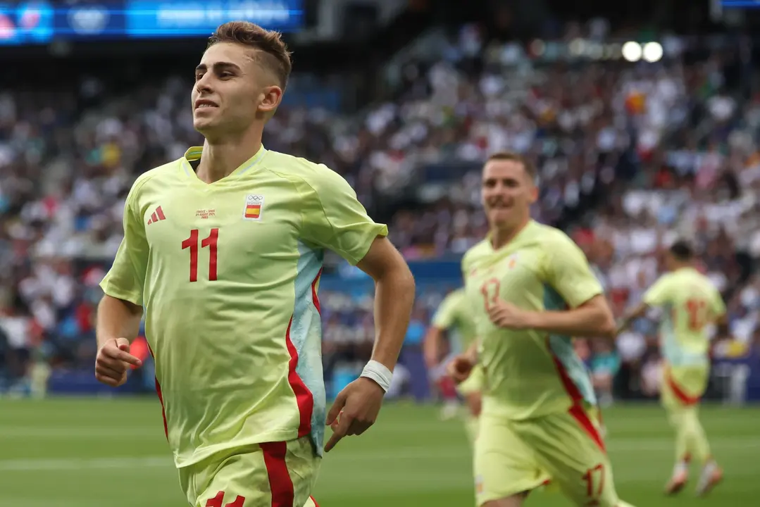 Paris (Francia), 09/08/2024.- Ferm&iacute;n L&oacute;pez, con su doblete ante Francia en la primera parte de la final de los Juegos Ol&iacute;mpicos, aument&oacute; su cuenta goleadora a seis y super&oacute; a Kiko Narvaez como el m&aacute;ximo artillero de la historia de Espa&ntilde;a en el torneo. EFE/EPA/MOHAMMED BADRA