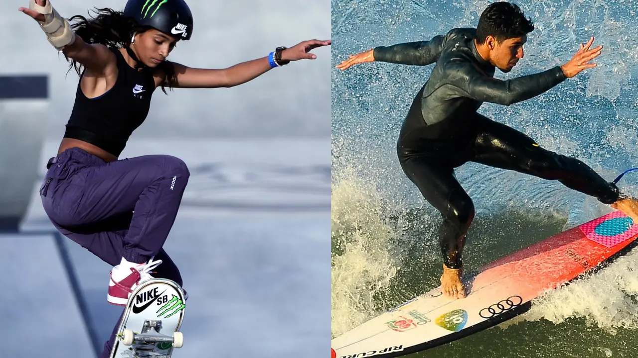 Combo de fotograf&iacute;as de los deportistas brasile&ntilde;os Rayssa Leal y el surfista Gabriel Medina. Brasil apuesta por los nuevos deportes del men&uacute; ol&iacute;mpico, en especial el surf y el skateboard, para tratar de batir el r&eacute;cord de 21 medallas conseguido por el pa&iacute;s en los Juegos Ol&iacute;mpicos de Tokio, siete de ellas de oro. EFE/ Ali Haider/Carlos Barroso