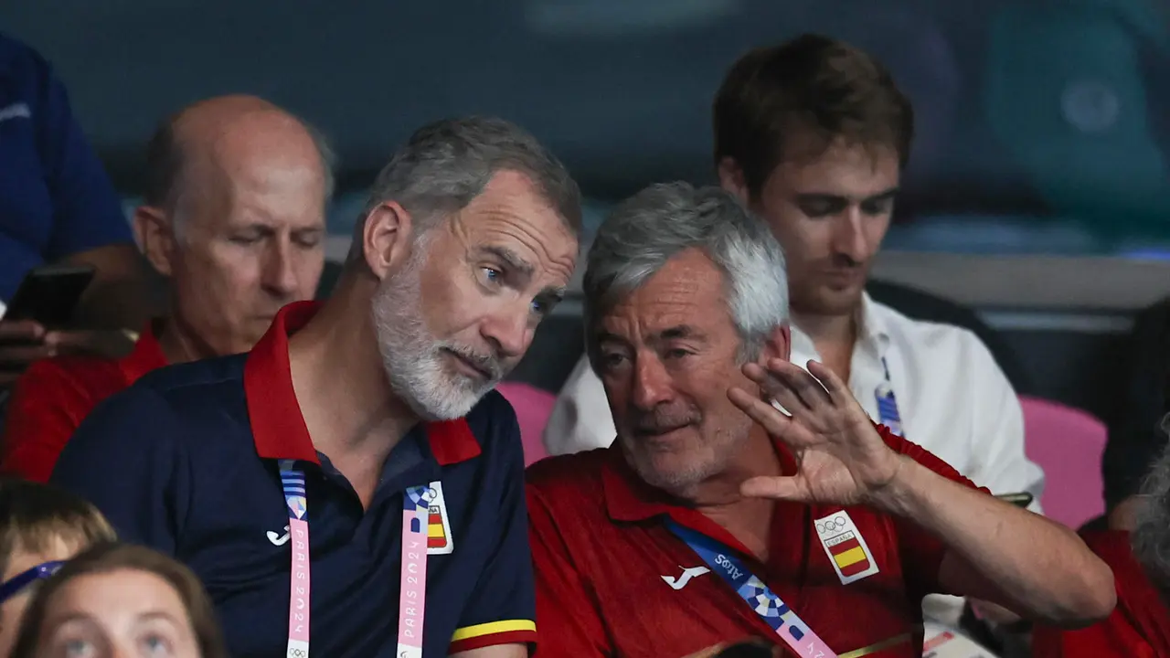 El rey Felipe VI y el presidente de la Real Federaci&oacute;n Espa&ntilde;ola de Nataci&oacute;n, Fernando Carpena (d) asisten al partido de cuartos de final de waterpolo femenino. EFE/ Sashenka Guti&eacute;rrez