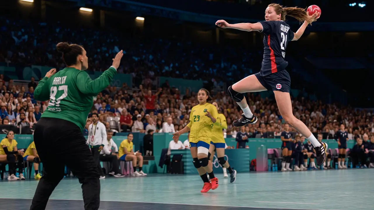 El noruego Sanna Solberg-Isaksen (d) en acci&oacute;n ante la portera brasile&ntilde;a Renata De Arruda durante el partido de cuartos jugado en Villeneuve-d'Ascq. EFE/EPA/ALEX PLAVEVSKI